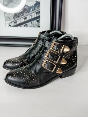 Diba Black Studded Buckle Ankle Boots Edgy Moto Western Style Size 7.5